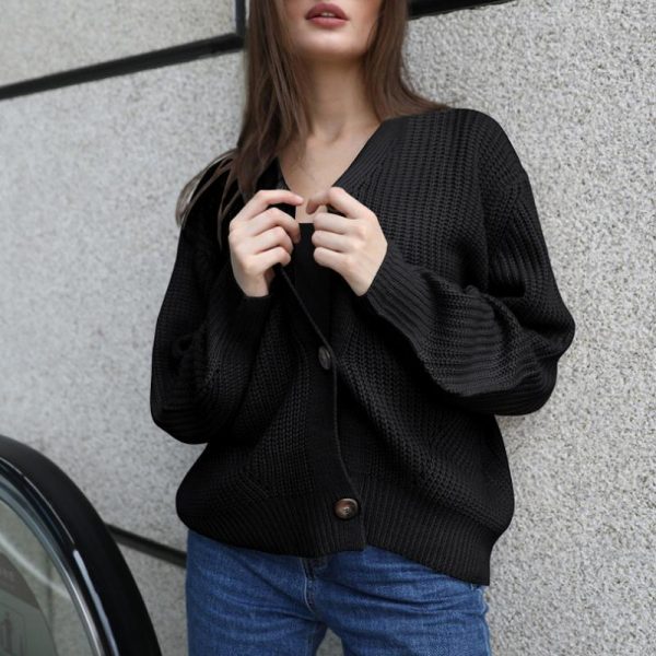 Women Solid Casual Sweater Oversize V Neck Knitted Cardigans 2020 Autumn Warm Loose Lantern Sleeve Single Row Button Female Coat - Takalr