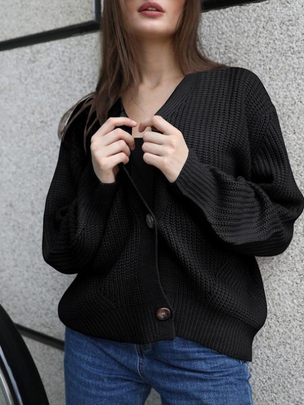 Women Solid Casual Sweater Oversize V Neck Knitted Cardigans 2020 Autumn Warm Loose Lantern Sleeve Single Row Button Female Coat - Takalr