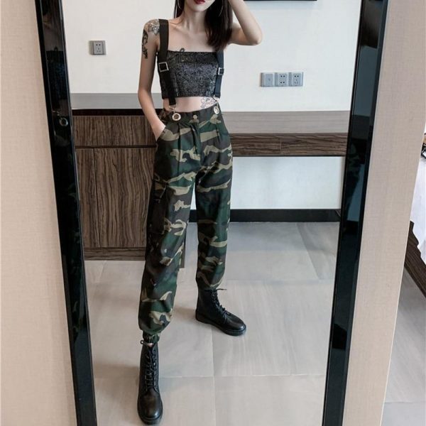 Women Suspenders Military Camouflage Pants Ladies Army High Waist Sweatpants Loose Camo Pants Trousers Hip Pop Street Joggers - Takalr