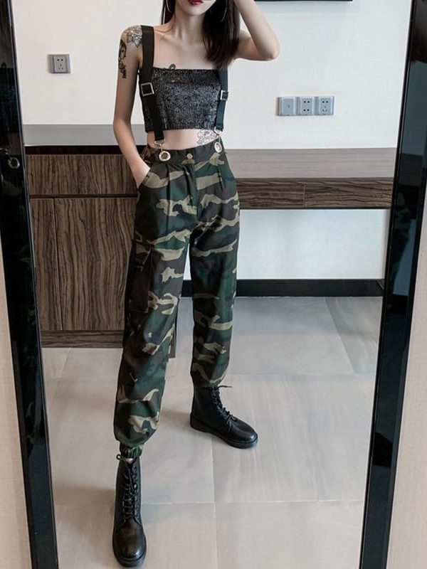 Women Suspenders Military Camouflage Pants Ladies Army High Waist Sweatpants Loose Camo Pants Trousers Hip Pop Street Joggers - Takalr