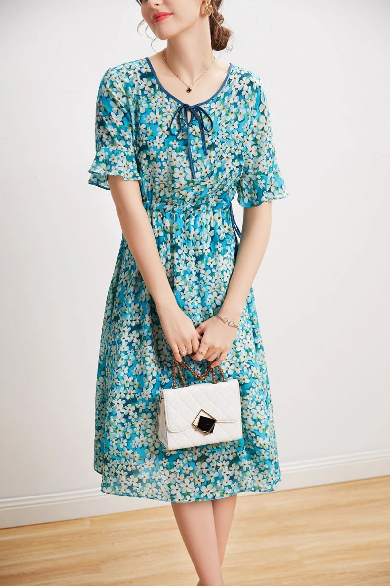 100% Silk Women's Dresses O Neck Short Sleeves Lace Up Waist Floral Printed Elegant Summer Dress Vestidos - Image 3