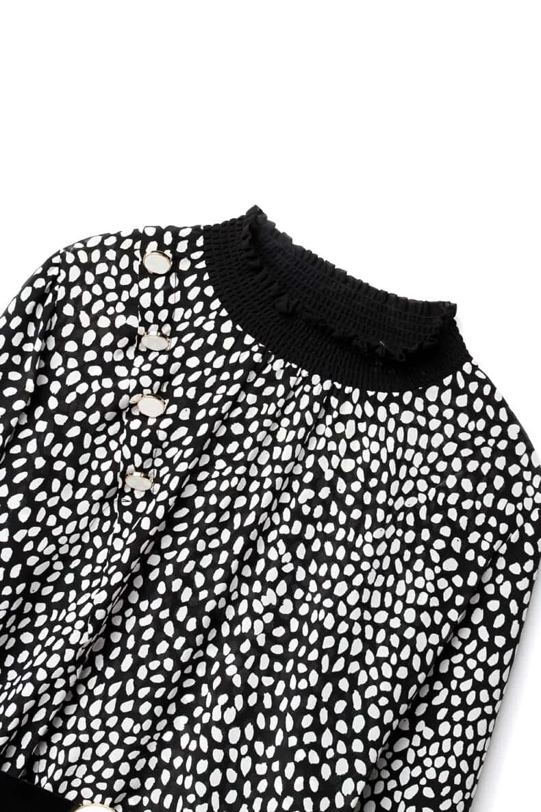 100% Natural Silk Women's Shirt O Neck Long Sleeves Dots Printed Asymmetrical Fashion Blouse Tops - Image 9