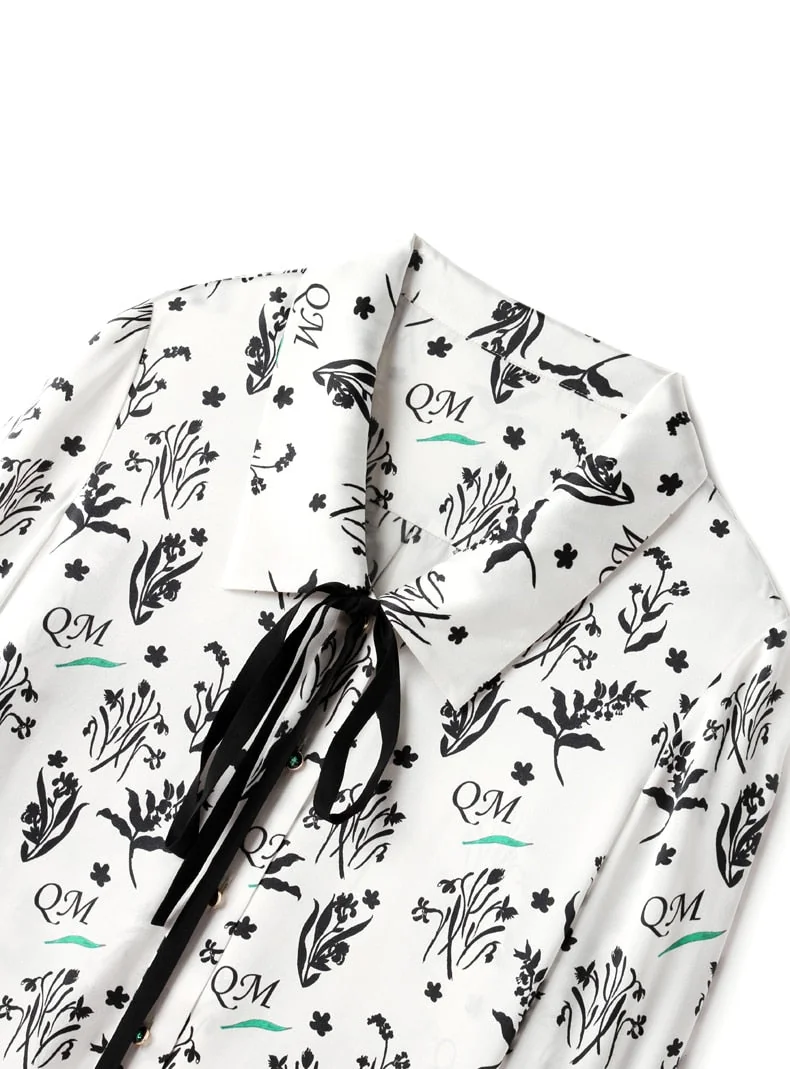 100% Silk Women's Shirt Turn Down Collar Lace Up Printed Long Sleeves Fashion Casual Blouse Tops - Image 14