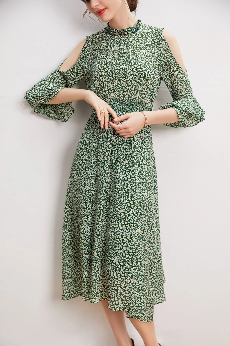 100% Silk Women's Dresses Stand Collar 3/4 Sleeves Off the Shoulder Printed Elgant Holiday Dress - Image 6