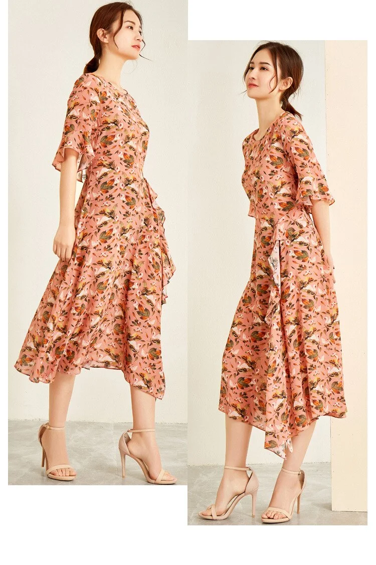 100% Silk Women's Dresses O Neck Short Sleeves Floral printed Ruffles Fashion Casual Dresses - Image 4