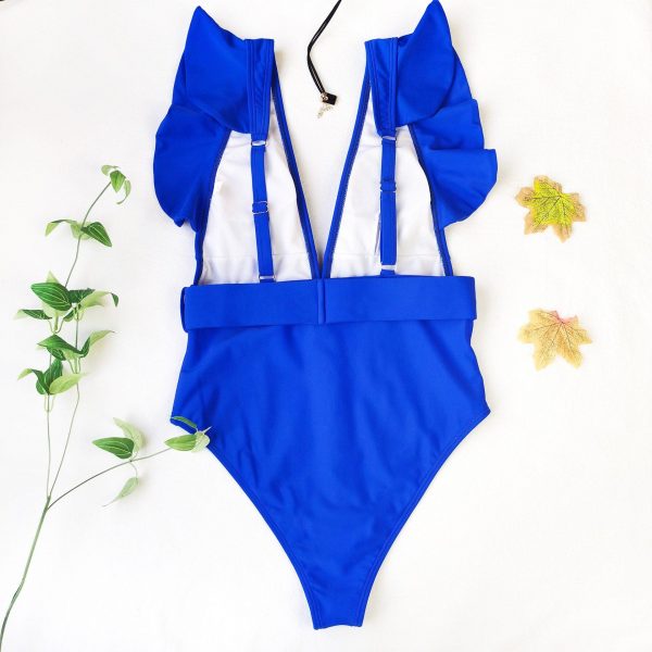 Plunging One Piece Swimsuits Ruffle Swimwear Women 2021 Belted Bathers Sexy Backless Beachwear High Cut Bathing Suits - Takalr