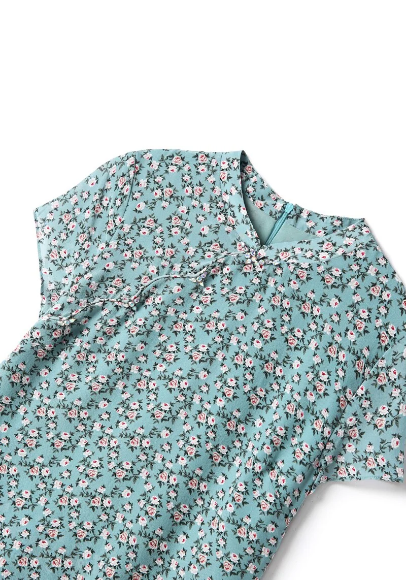 100% Silk Women's Dresses Stand Collar Short Sleeves Printed Floral Asymmetrical Elegant Fashion Dresses - Image 8