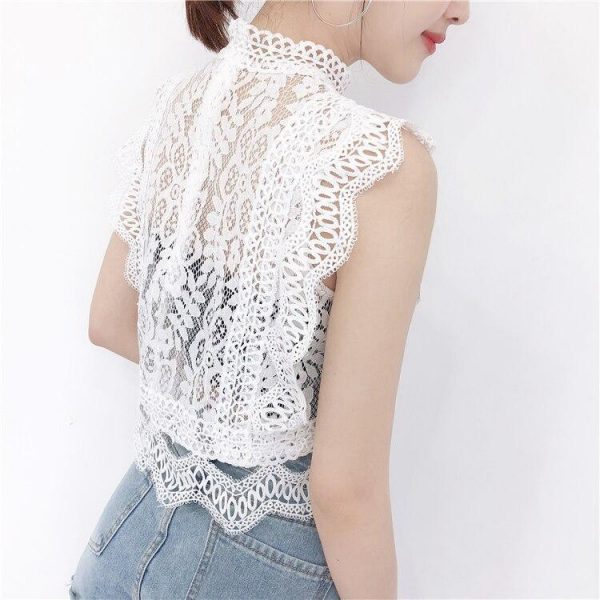 Summer new women's fresh temperament openwork lace top women's solid color wild vest women - Takalr