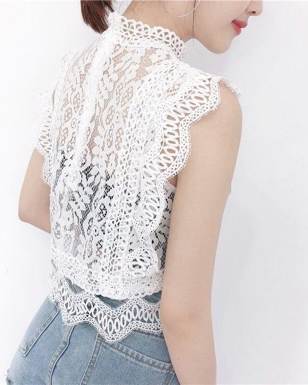 Summer new women's fresh temperament openwork lace top women's solid color wild vest women - Takalr