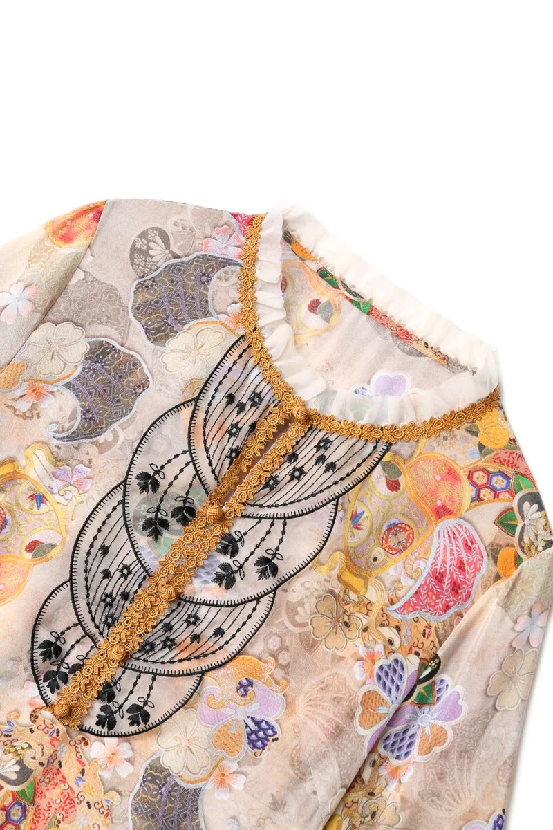 100% Women's Runway Dresses O Neck Ruffles Short Sleeves Embroidrey Lace Patchwork Printed Fashion Floral Dresses - Image 8
