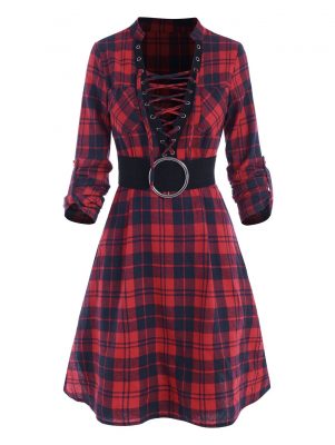 Plaid Lace Up Plunging Neck Dress Sashes Red Women T Shirts Draw Back Long Sleeve Autumn Casual Long Top Streetwear