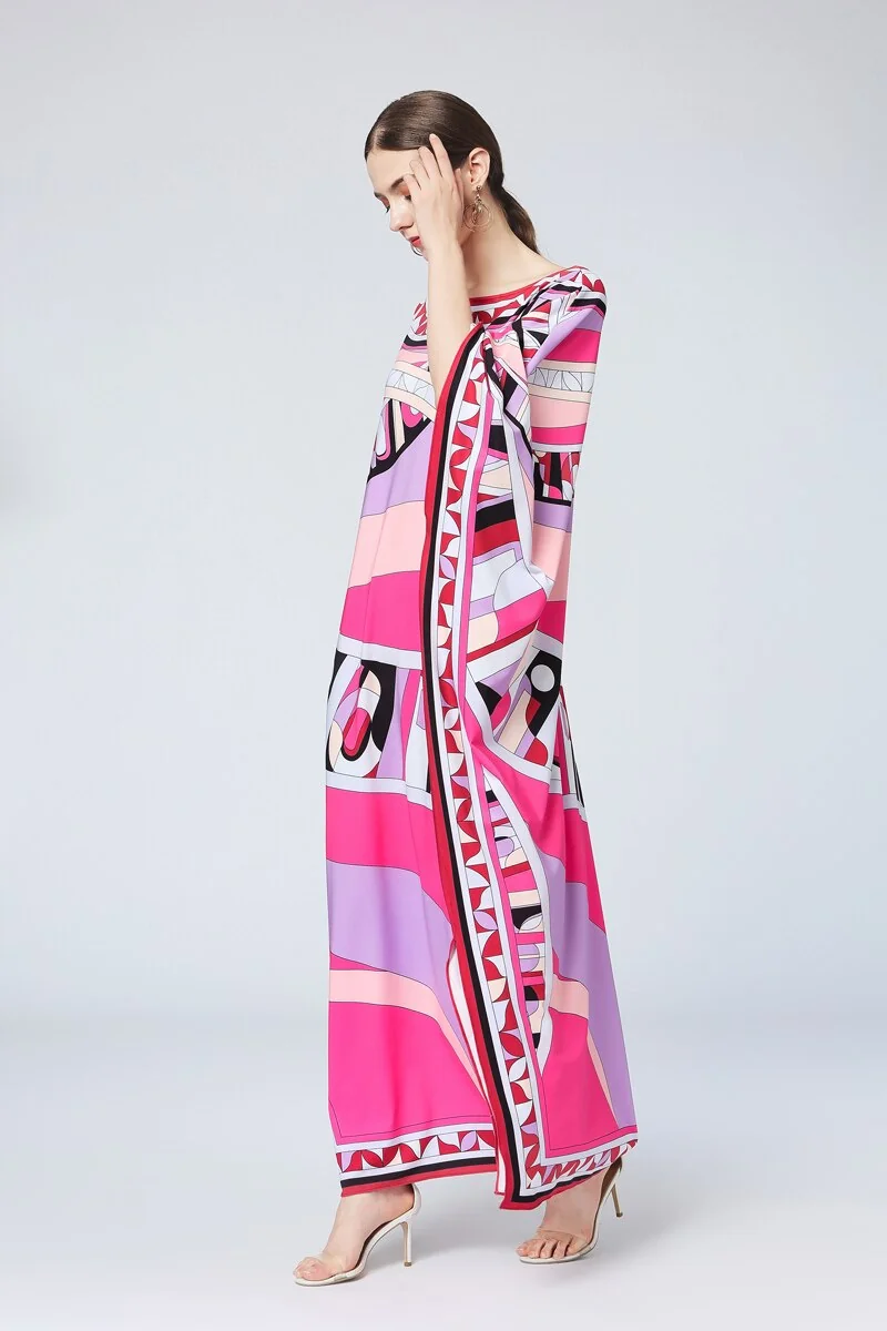Women's Runway Loose Design Dresses Slash Neckline Batwing Sleeves Multicolor Printed Elegant High Street Maxi Dresses - Image 6