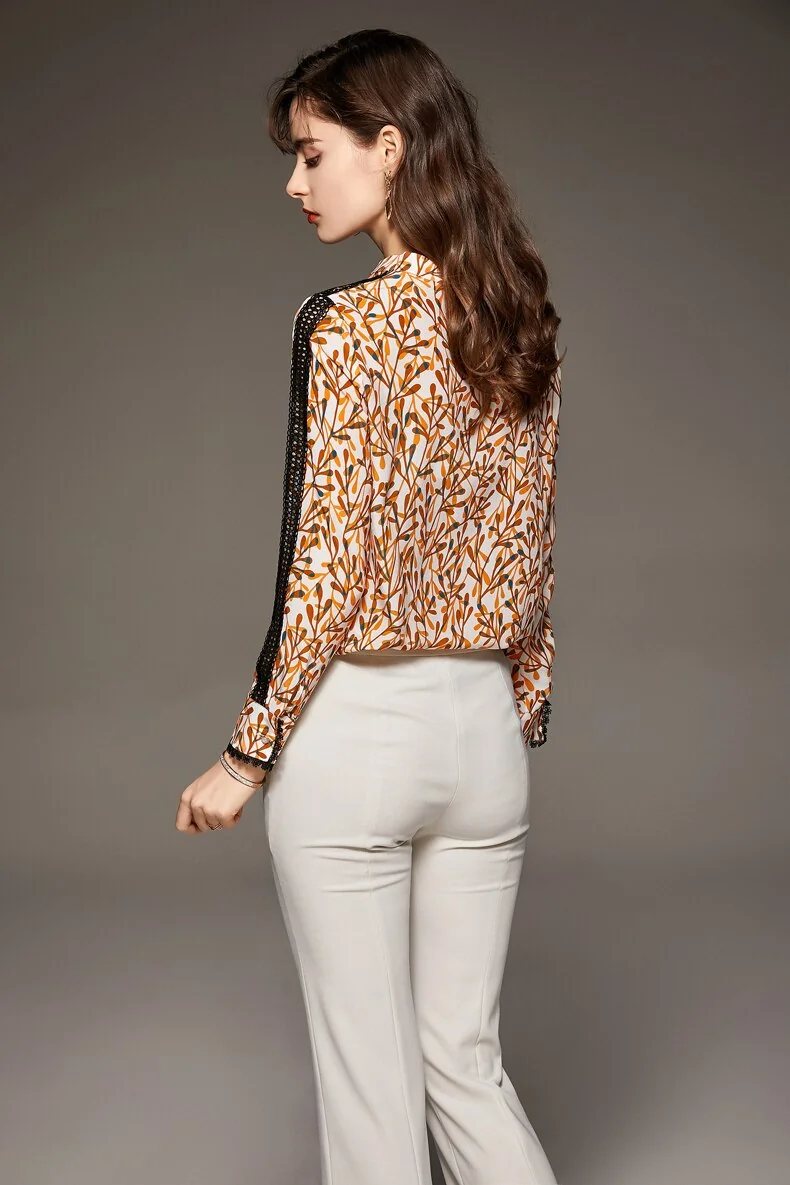 100% Silk Women's Blouse O Neck Long Sleeves Printed Hollow Out Lace Patchwork Fashion Casual Shirt Tops - Image 6