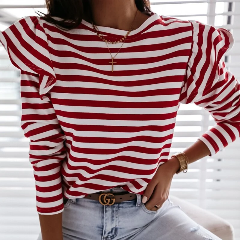 Women Ruffles Striped Tops Long Sleeve O Neck Leisure T -Shirts Office Work Fashion Autumn Tees Loose - Image 2