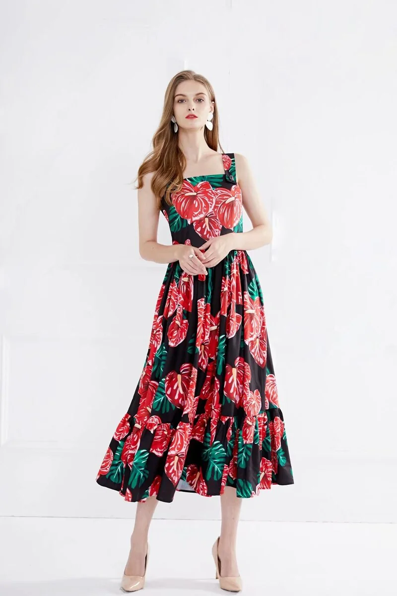Women's Runway Dresses Sexy Spaghetti Straps Square Neckline Floral Printed Ruffles Fashion Casual Summer Dresses - Image 3