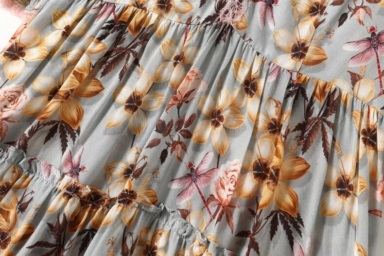 100% Natural Silk Women's Dresses Sexy V Neck Half Sleeves Lace Patchwork Floral Printed Ruffles Fashion Mid Summer Dress - Image 14