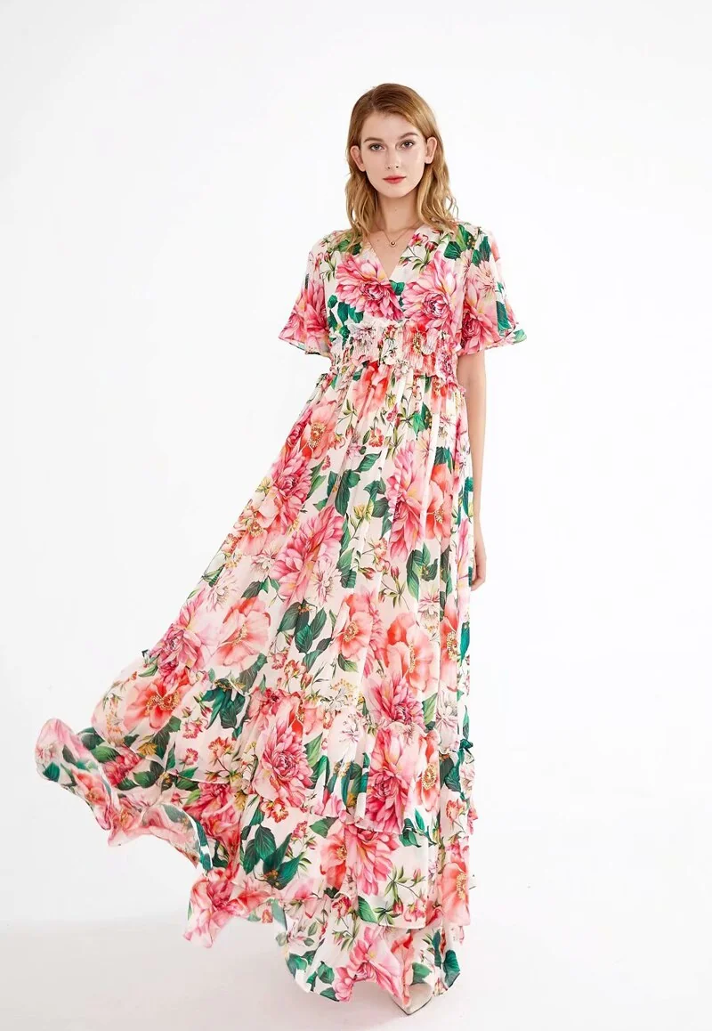 Women's Runway Dresses Sexy V Neck Short Flare Sleeves Floral Printed Tiered Ruffles Fashion Elegant Prom Long Dresses - Image 7
