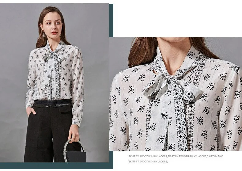 100% Natural Silk Women's Shirt Lace Bow Collar Long Sleeves Printed Fashion Blouse Floral Camisa - Image 5