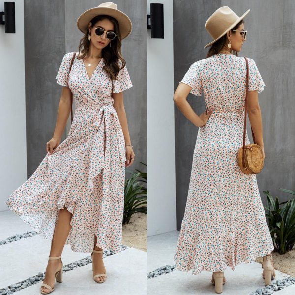 Summer Maxi Dress Women Polka Dot Sexy V Neck Ruffles Short Sleeve Holiday Long Beach Sundress Ladies Lace Up Wrap Party Dresses - Takalr