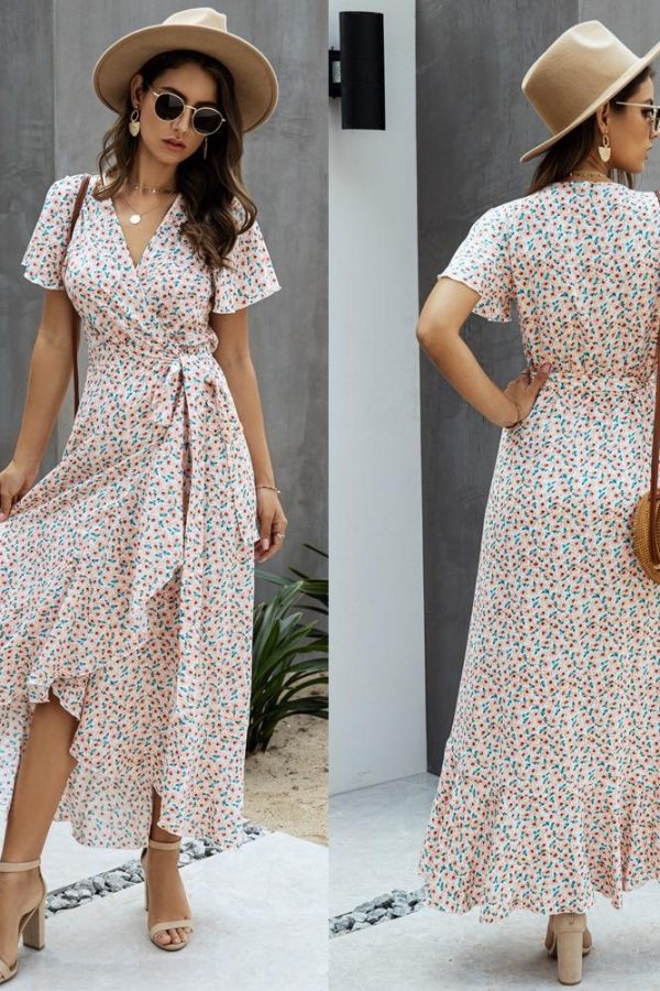 Summer Maxi Dress Women Polka Dot Sexy V Neck Ruffles Short Sleeve Holiday Long Beach Sundress Ladies Lace Up Wrap Party Dresses - Takalr