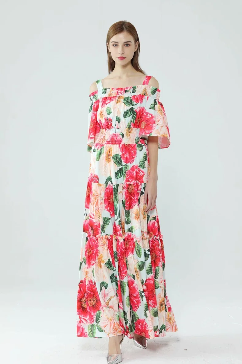 Women's Runway Dresses Spaghetti Straps Slash Neckline Floral Printed Tiered Ruffles Elegant Long Maxi Dresses - Image 5