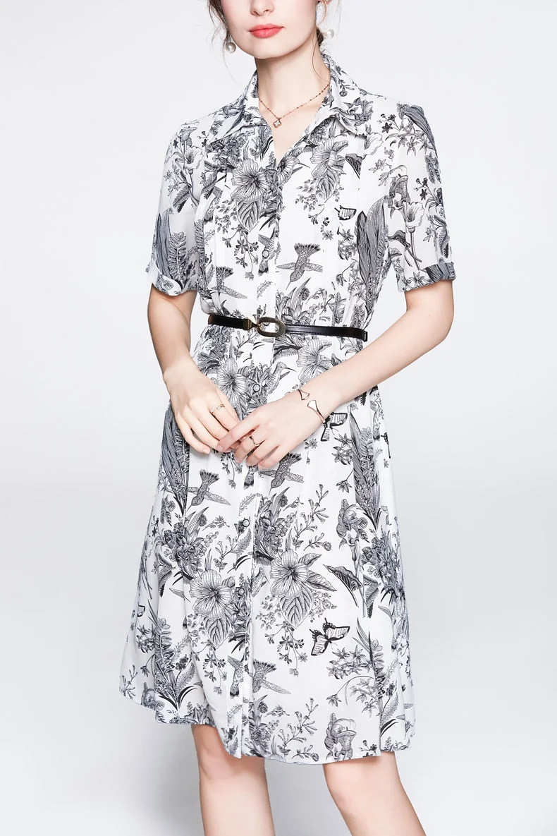 100% Silk Women's Dresses Turn Down Collar Short Sleeves Printed Single Breasted Fashion Dress Vestidos - Image 6