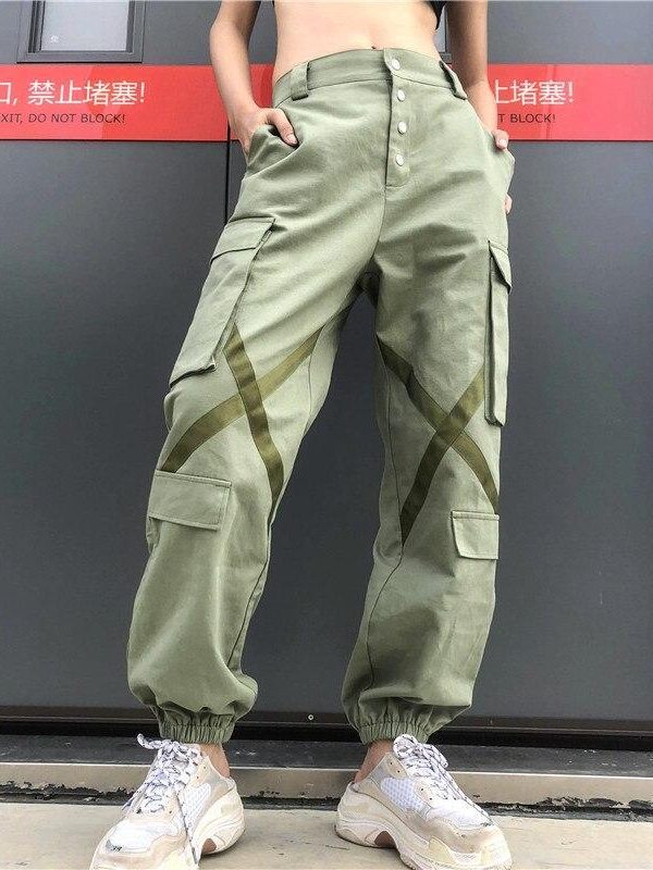 Big Pockets Hip Pop Streetwear Ribbon Cross Ladies Cargo Pants Women Casual Joggers High Waist Loose Female Buttons Trousers - Takalr