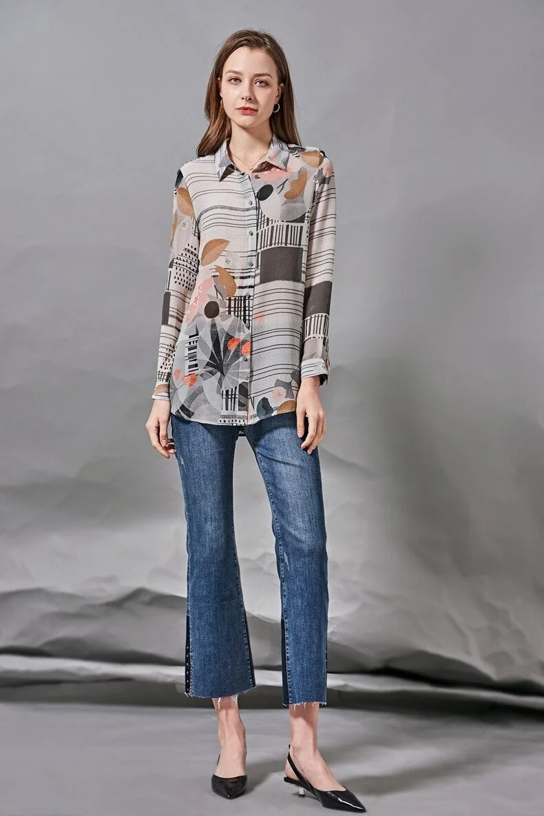 100% Silk Women's Shirt Turn Down Collar Long Sleeves Printed Elegant Blouse Fashion Camisa Tops - Image 3