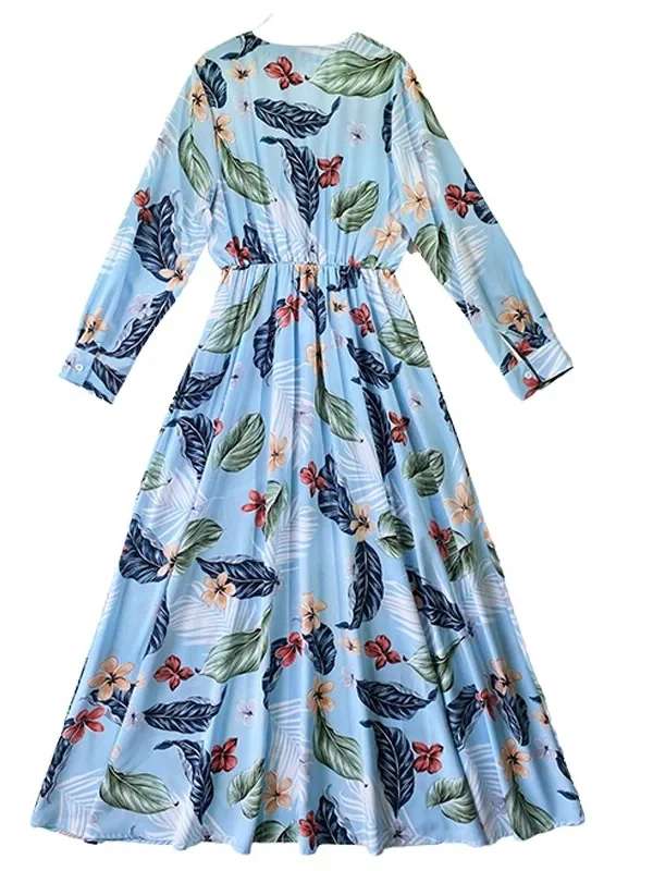 Women's Runway Dress Sexy V Neck Long Sleeves Printed Sash Belt Ruched Fashion Maxi Dresses Vestidos