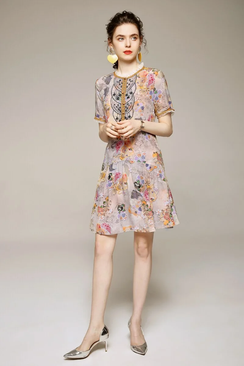 100% Women's Runway Dresses O Neck Ruffles Short Sleeves Embroidrey Lace Patchwork Printed Fashion Floral Dresses