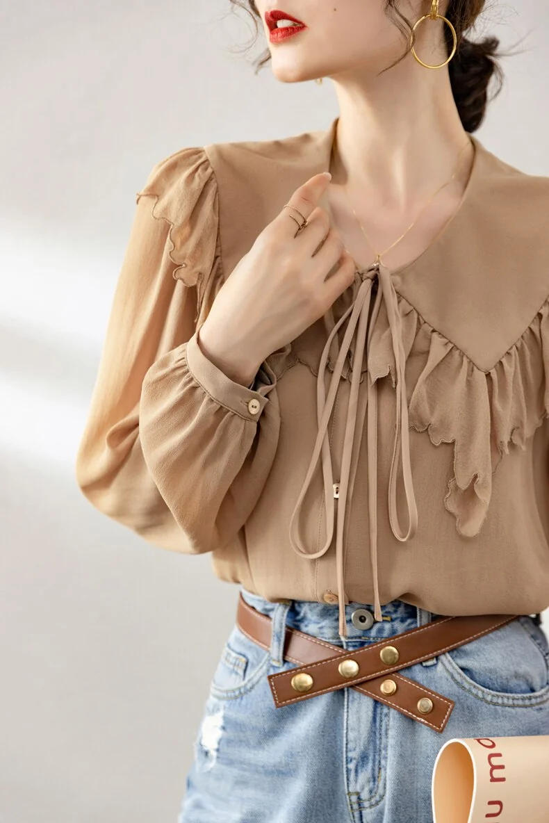 100% Silk Women's Shirt Turn Down Collar Long Sleeves Lace Up Ruffles Elegant Fashion Blouse Tops - Image 5