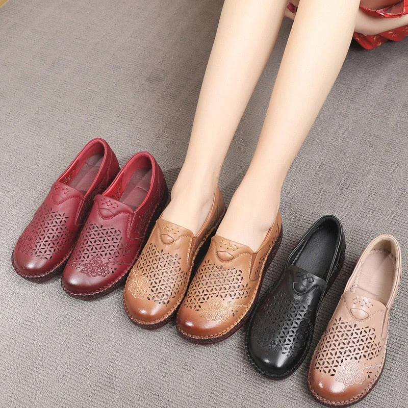 Spring Summer Slip On Women Shoes Hollow Breathable Genuine Leather Moccasins Flats Shoes Female