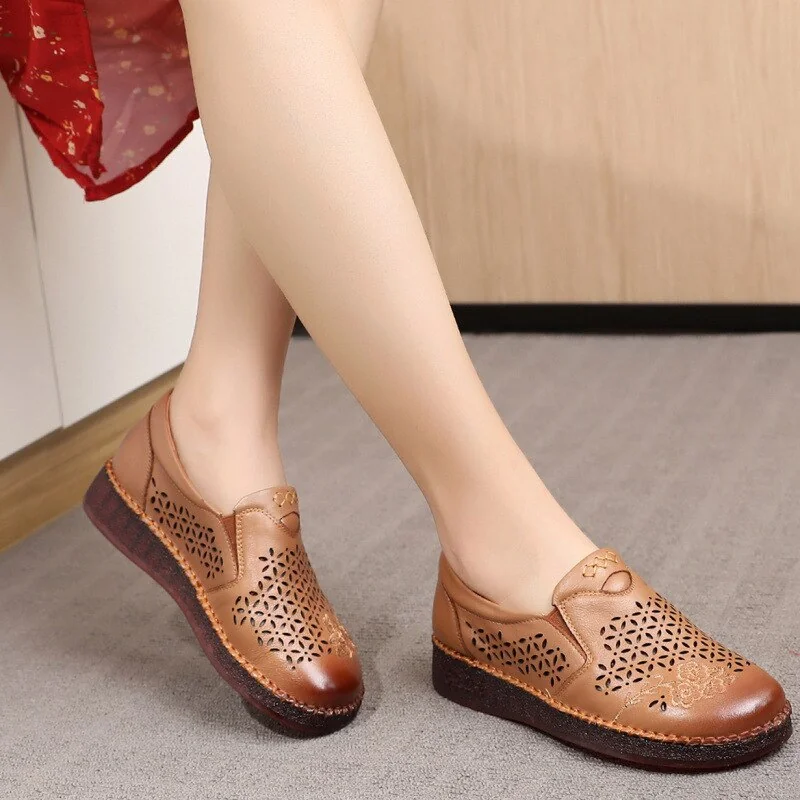 Spring Summer Slip On Women Shoes Hollow Breathable Genuine Leather Moccasins Flats Shoes Female - Image 12