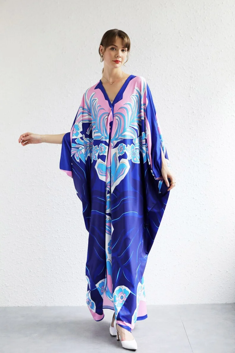 Women's Runway Dresses Sexy V Neck Batwing Sleeves Picked Up Printed Elegant Loose Design Fashion Casual Robes Maxi Dresses - Image 4