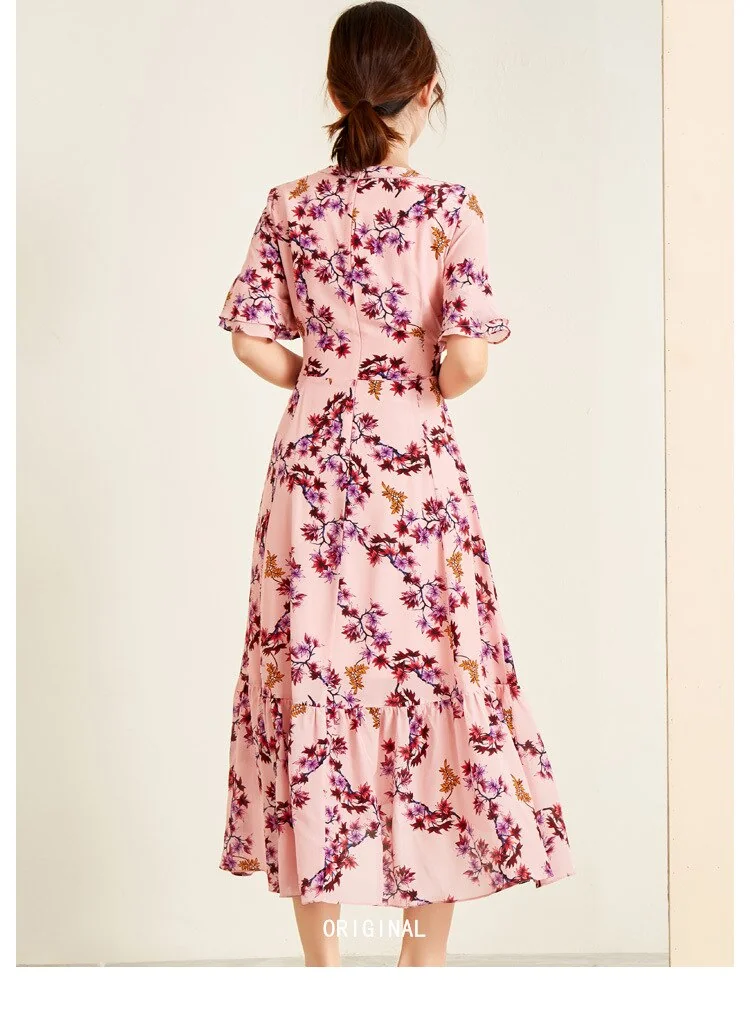 100% Silk Women's Dress Sexy V Neck Ruffles Short Sleeves Printed Asymmetrical Fashion Casual Summer Dresses - Image 6
