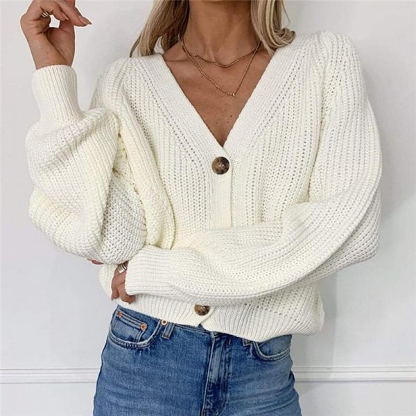 Women Solid Casual Sweater Oversize V Neck Knitted Cardigans 2020 Autumn Warm Loose Lantern Sleeve Single Row Button Female Coat - Takalr