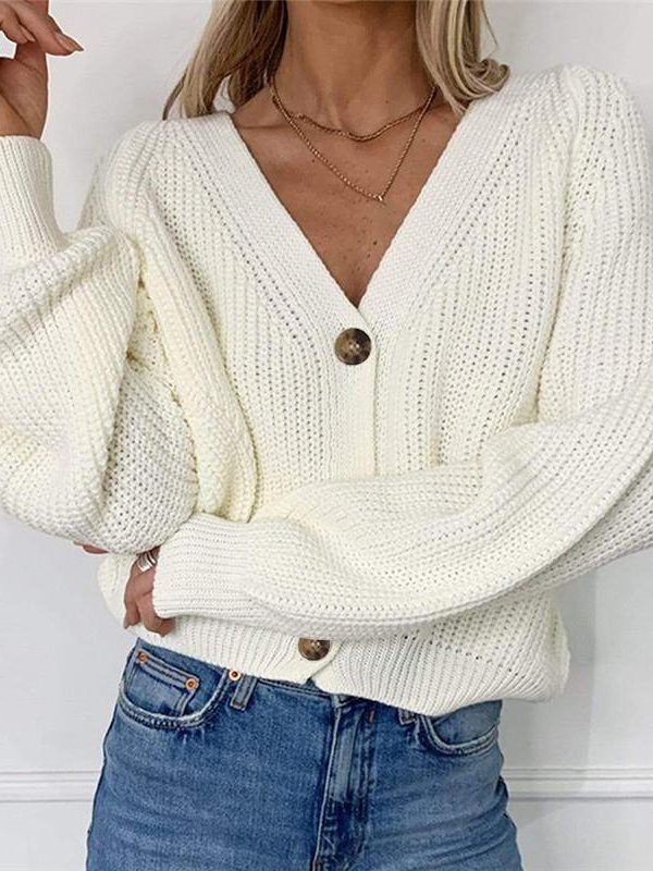 Women Solid Casual Sweater Oversize V Neck Knitted Cardigans 2020 Autumn Warm Loose Lantern Sleeve Single Row Button Female Coat - Takalr