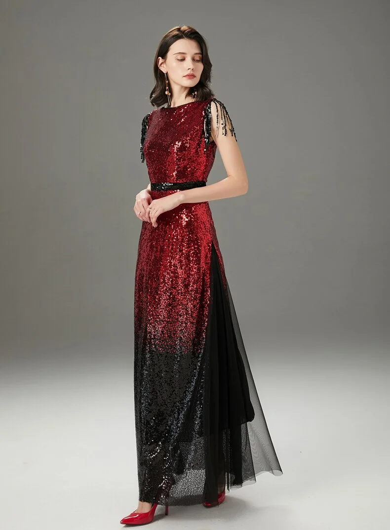 Women's Runway Dresses O Neck Sleeveless Sequined Tassels Color Block Layered Elegant Party Prom Dresses - Image 4