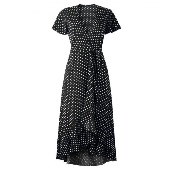 Summer Maxi Dress Women Polka Dot Sexy V Neck Ruffles Short Sleeve Holiday Long Beach Sundress Ladies Lace Up Wrap Party Dresses - Takalr