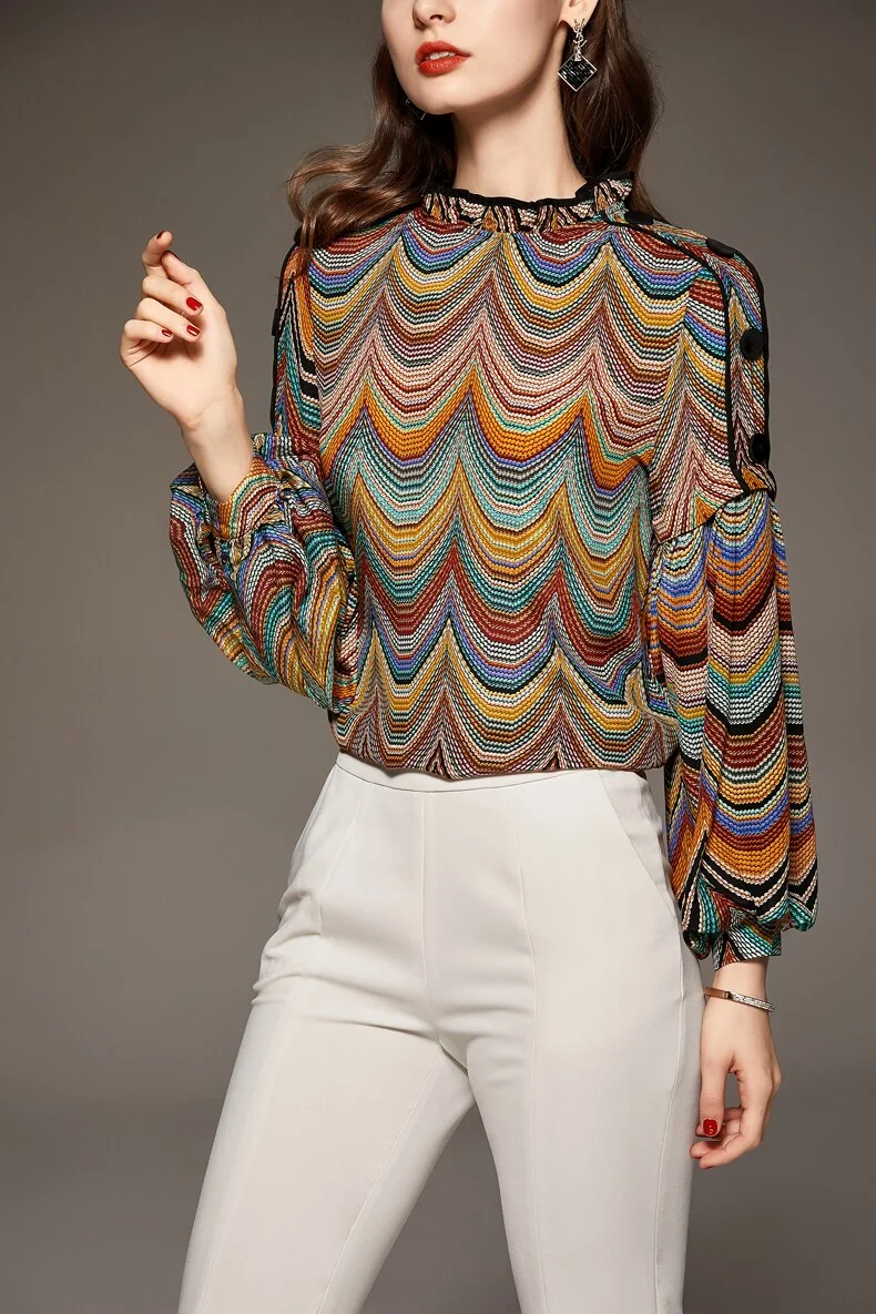 100% Silk Women's Shirt Ruffled Collar Long Lantern Sleeves Waves Printed Piping Fashion Casual Blouse - Image 8