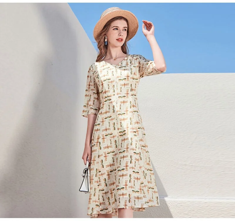 100% Silk Women's Runway Dresses Sexy V Neck 3/4 Sleeves Printed Fashion Holiday Summer Dresses - Image 6