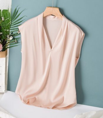 100% Natural Silk Women's Shirt V Neck Sleeveless Ruched Fashion Pullover Blouse Tops