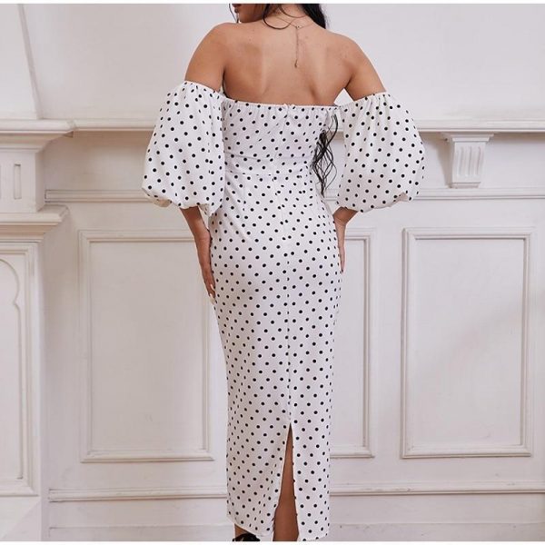 Polka Dot High Waist Midi Dresses Women V-Neck Sweet Long Puff Sleeve Elegant Dress Female 2021 Christmas Lady Party Vestidos - Takalr