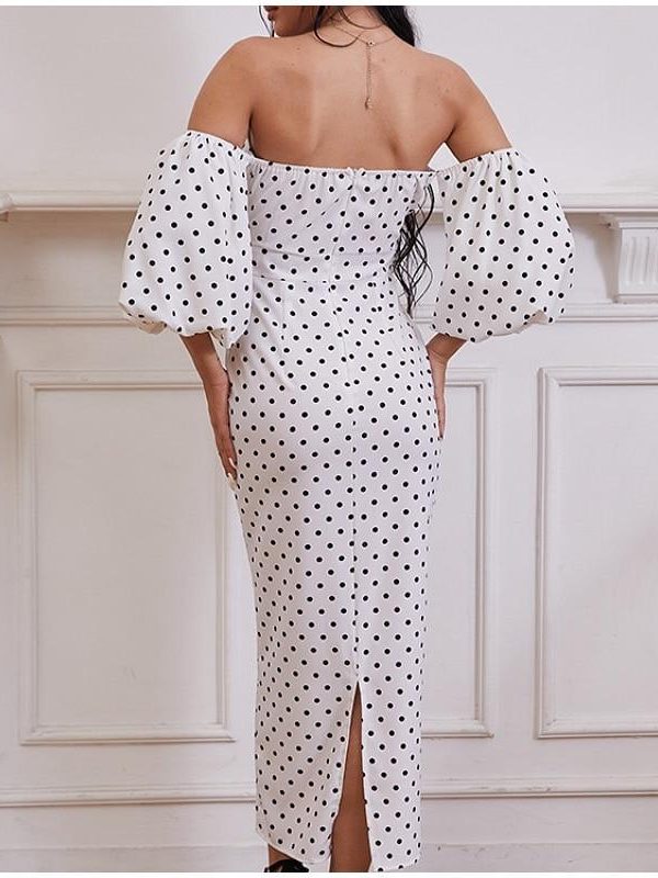 Polka Dot High Waist Midi Dresses Women V-Neck Sweet Long Puff Sleeve Elegant Dress Female 2021 Christmas Lady Party Vestidos - Takalr