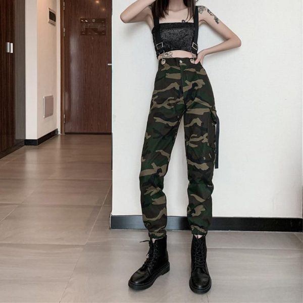 Women Suspenders Military Camouflage Pants Ladies Army High Waist Sweatpants Loose Camo Pants Trousers Hip Pop Street Joggers - Takalr