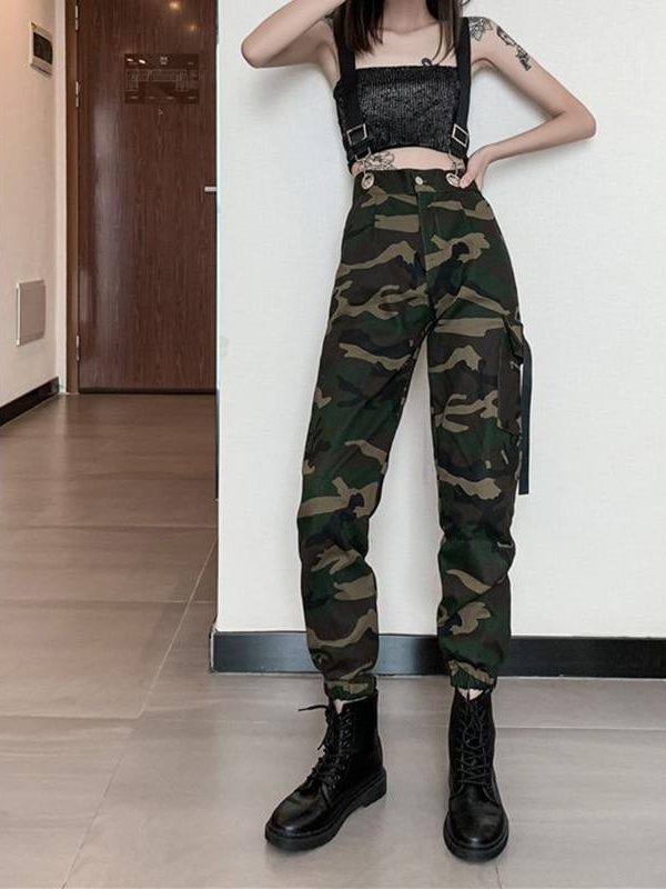 Women Suspenders Military Camouflage Pants Ladies Army High Waist Sweatpants Loose Camo Pants Trousers Hip Pop Street Joggers - Takalr