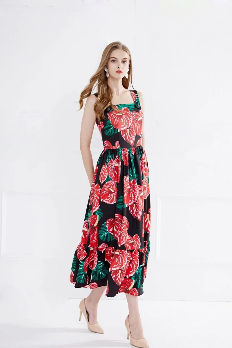 Women's Runway Dresses Sexy Spaghetti Straps Square Neckline Floral Printed Ruffles Fashion Casual Summer Dresses - Image 5