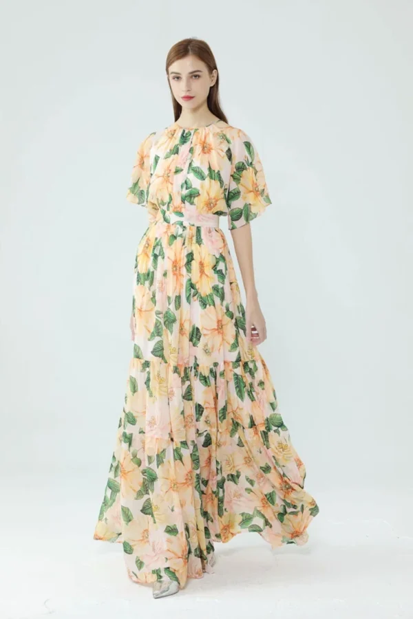 Women's Runway Dresses O Neck Short Sleeves Floarl Printed Ruffles High Street Fashion Long Maxi Dresses with Plus Sizes