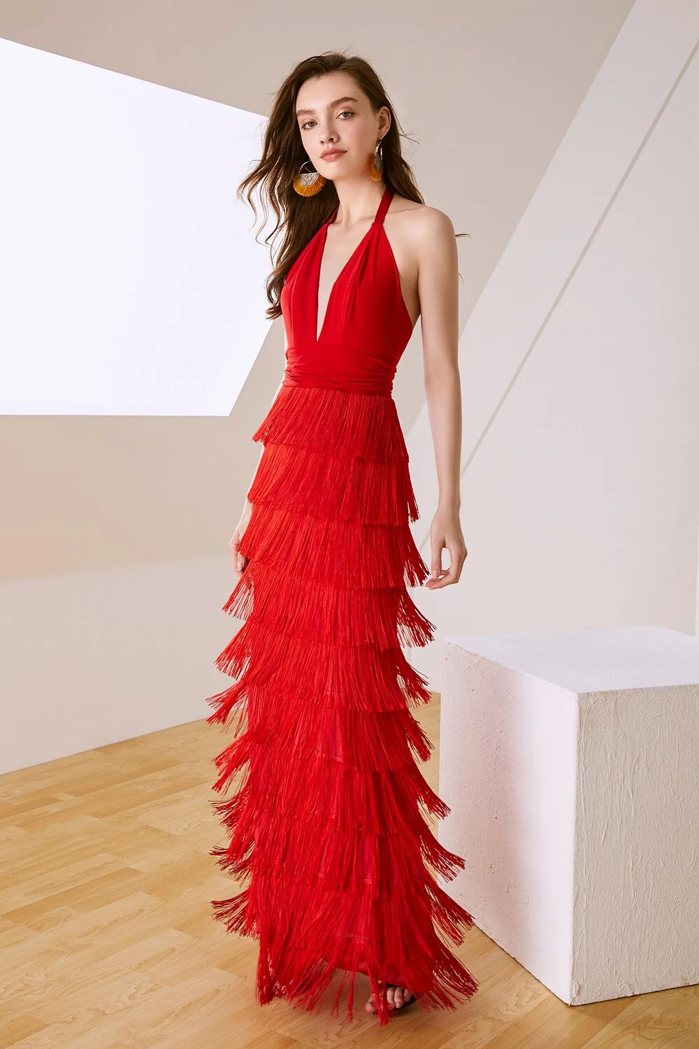 Women's Sexy Deep V Neck Sleeveless Ruched Waist Tiered Tassels Fashion Long Party Dresses Elegant Runway Prom Dress - Image 14