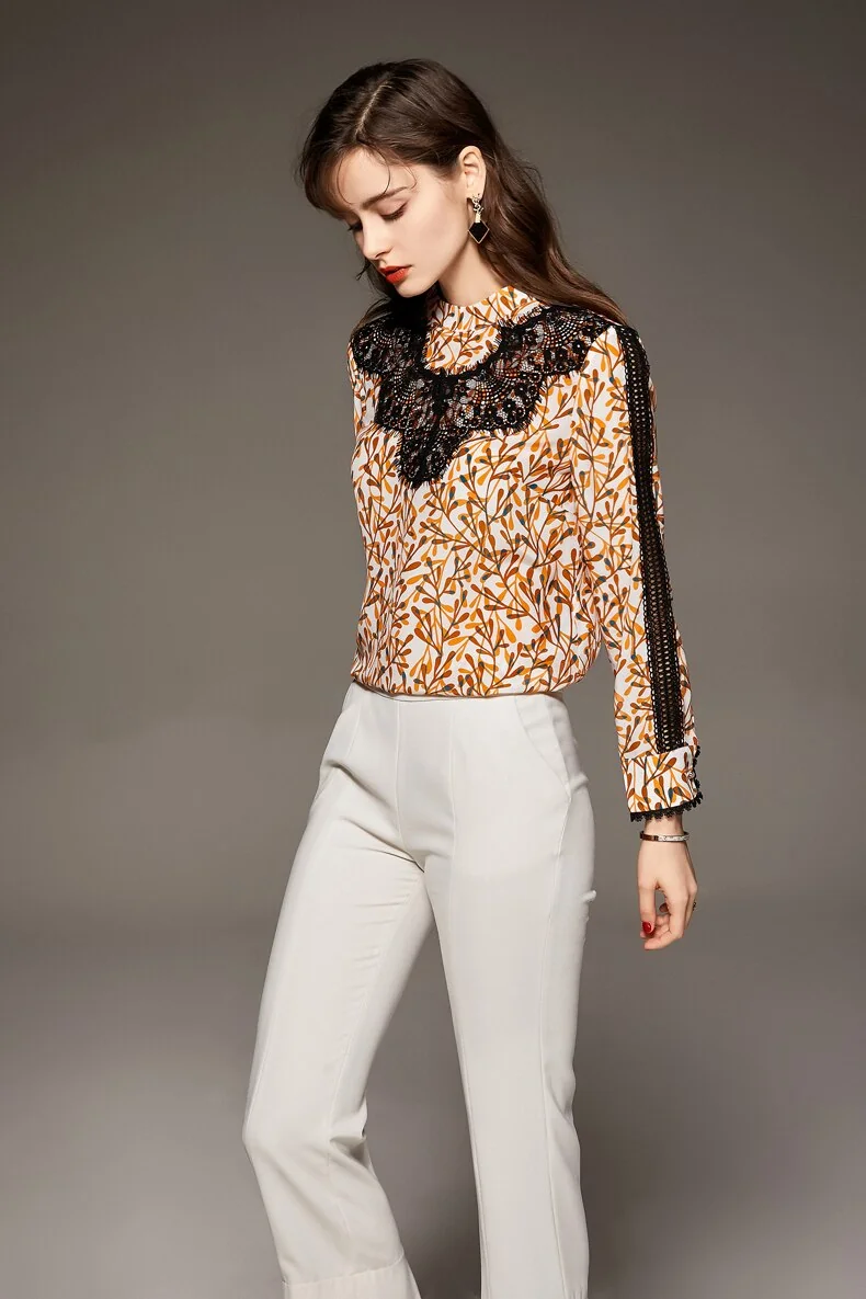 100% Silk Women's Blouse O Neck Long Sleeves Printed Hollow Out Lace Patchwork Fashion Casual Shirt Tops - Image 2